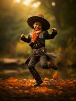 Mexican kid in emotional dynamic pose on autumn background AI Generative photo