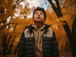 Mexican kid in emotional dynamic pose on autumn background AI Generative photo