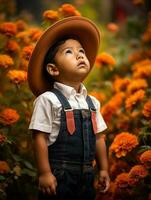 Mexican kid in emotional dynamic pose on autumn background AI Generative photo