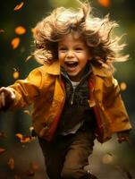 Mexican kid in emotional dynamic pose on autumn background AI Generative photo