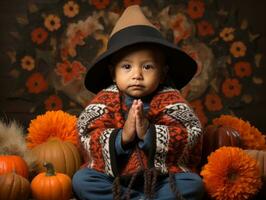 Mexican kid in emotional dynamic pose on autumn background AI Generative photo