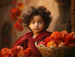 Mexican kid in emotional dynamic pose on autumn background AI Generative photo