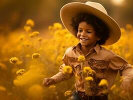 Mexican kid in emotional dynamic pose on autumn background AI Generative photo