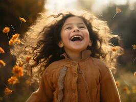 mexicano niño en emocional dinámica actitud en otoño antecedentes ai generativo foto