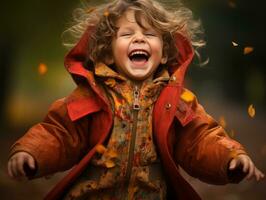 Mexican kid in emotional dynamic pose on autumn background AI Generative photo