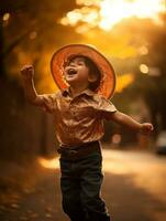 Mexican kid in emotional dynamic pose on autumn background AI Generative photo