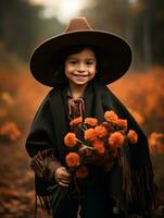 Mexican kid in emotional dynamic pose on autumn background AI Generative photo