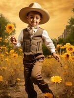 Mexican kid in emotional dynamic pose on autumn background AI Generative photo