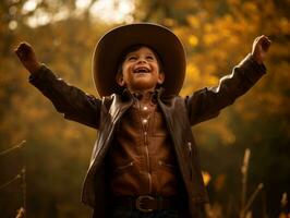 Mexican kid in emotional dynamic pose on autumn background AI Generative photo