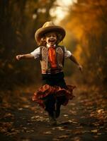 Mexican kid in emotional dynamic pose on autumn background AI Generative photo