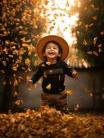 Mexican kid in emotional dynamic pose on autumn background AI Generative photo