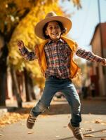 Mexican kid in emotional dynamic pose on autumn background AI Generative photo