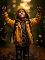 Mexican kid in emotional dynamic pose on autumn background AI Generative photo