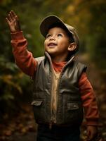 Mexican kid in emotional dynamic pose on autumn background AI Generative photo