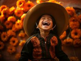 Mexican kid in emotional dynamic pose on autumn background AI Generative photo