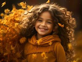 Mexican kid in emotional dynamic pose on autumn background AI Generative photo