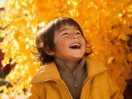 Mexican kid in emotional dynamic pose on autumn background AI Generative photo