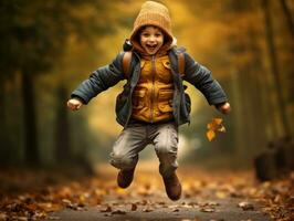 Mexican kid in emotional dynamic pose on autumn background AI Generative photo