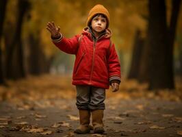 mexicano niño en emocional dinámica actitud en otoño antecedentes ai generativo foto