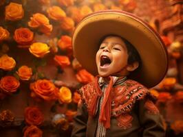 Mexican kid in emotional dynamic pose on autumn background AI Generative photo