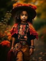 Mexican kid in emotional dynamic pose on autumn background AI Generative photo