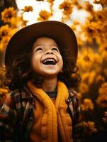 Mexican kid in emotional dynamic pose on autumn background AI Generative photo