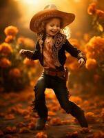 Mexican kid in emotional dynamic pose on autumn background AI Generative photo