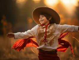 Mexican kid in emotional dynamic pose on autumn background AI Generative photo