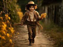 Mexican kid in emotional dynamic pose on autumn background AI Generative photo