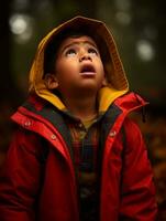 Mexican kid in emotional dynamic pose on autumn background AI Generative photo