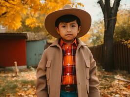 Mexican kid in emotional dynamic pose on autumn background AI Generative photo