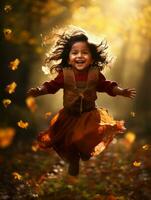 Mexican kid in emotional dynamic pose on autumn background AI Generative photo