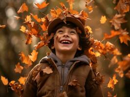 Mexican kid in emotional dynamic pose on autumn background AI Generative photo