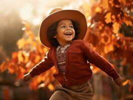 mexicano niño en emocional dinámica actitud en otoño antecedentes ai generativo foto