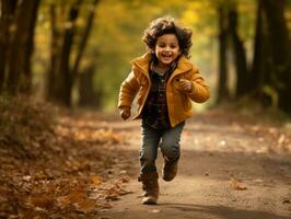 Mexican kid in emotional dynamic pose on autumn background AI Generative photo