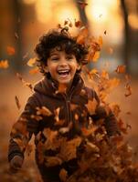 mexicano niño en emocional dinámica actitud en otoño antecedentes ai generativo foto