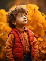 Mexican kid in emotional dynamic pose on autumn background AI Generative photo