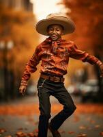 Mexican kid in emotional dynamic pose on autumn background AI Generative photo