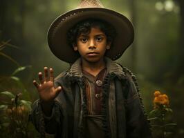 mexicano niño en emocional dinámica actitud en otoño antecedentes ai generativo foto