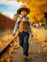 Mexican kid in emotional dynamic pose on autumn background AI Generative photo