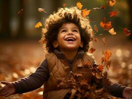 Mexican kid in emotional dynamic pose on autumn background AI Generative photo