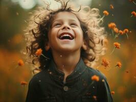 Mexican kid in emotional dynamic pose on autumn background AI Generative photo