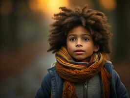 Mexican kid in emotional dynamic pose on autumn background AI Generative photo