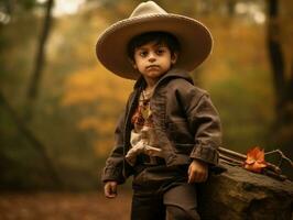 Mexican kid in emotional dynamic pose on autumn background AI Generative photo