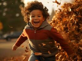 Mexican kid in emotional dynamic pose on autumn background AI Generative photo