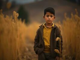 Mexican kid in emotional dynamic pose on autumn background AI Generative photo