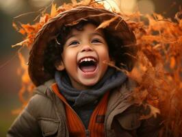 Mexican kid in emotional dynamic pose on autumn background AI Generative photo