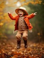 Mexican kid in emotional dynamic pose on autumn background AI Generative photo