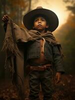 Mexican kid in emotional dynamic pose on autumn background AI Generative photo