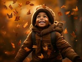 Mexican kid in emotional dynamic pose on autumn background AI Generative photo